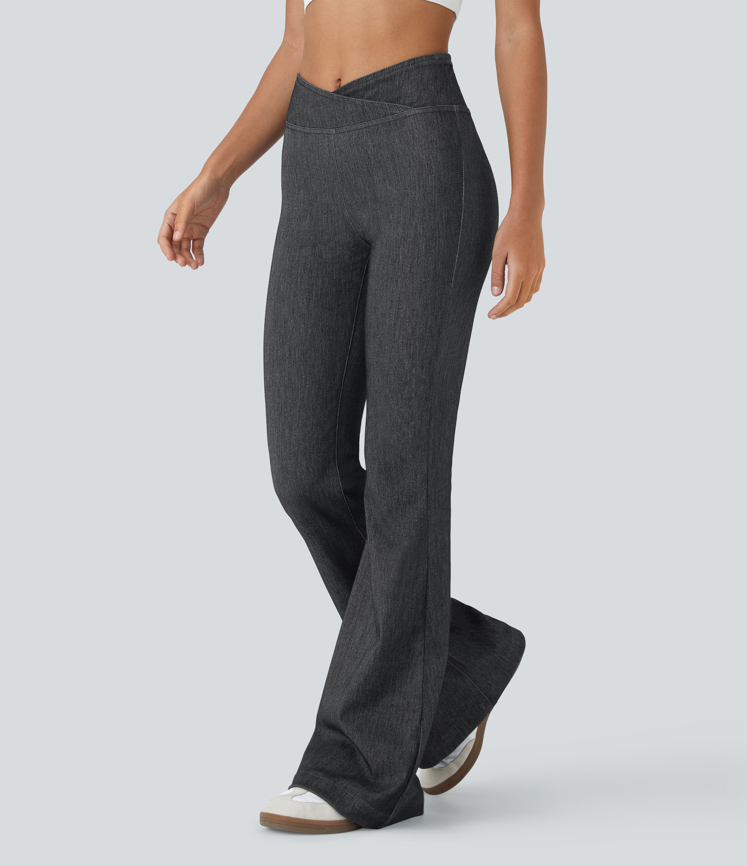 Halara Halara Flex™ High Waisted Crossover Casual Flare Jeans - Washed Denim Black - XS(regular) | HALARA
