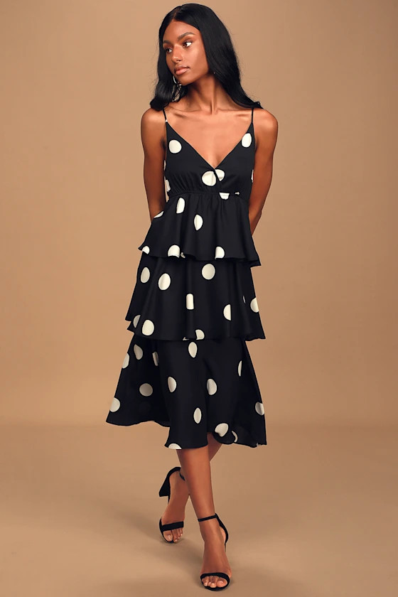 Cava Black and White Polka Dot Tiered Midi Dress | Lulus (US)