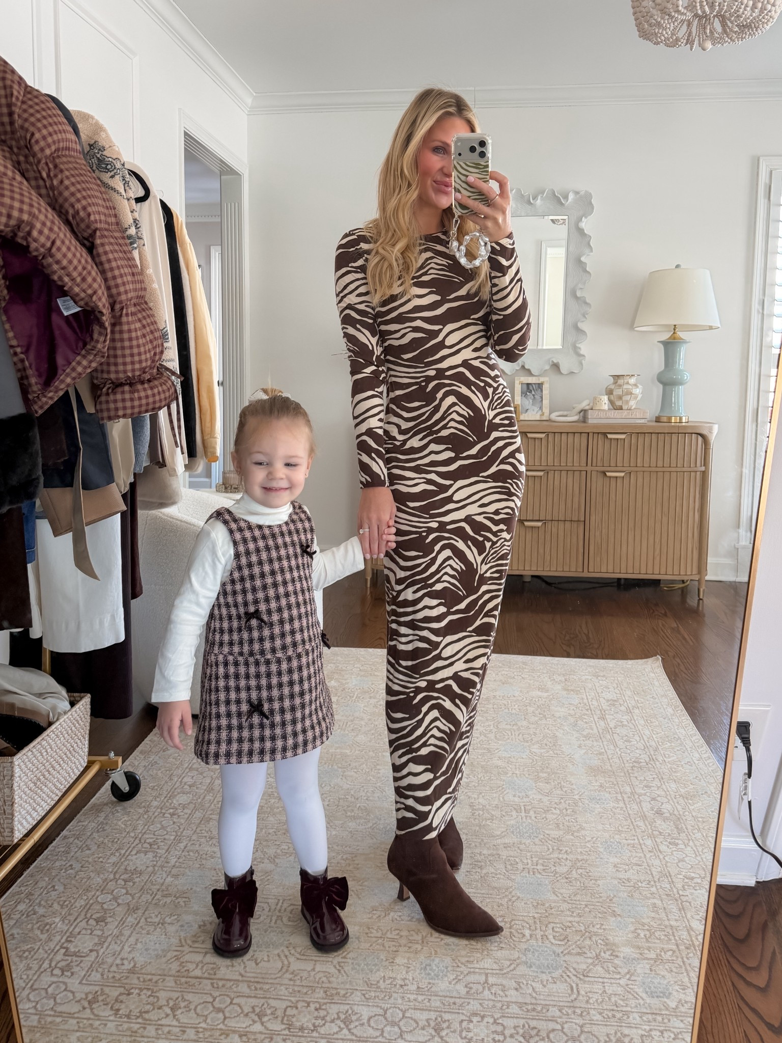 Ootd for a family baby shower! Zebra dress is one of my favorites for winter into spring, soft and runs tts. Goldie's outfit is from Zara 

#LTKdayinmylife #LTKgrwm #LTKootd
