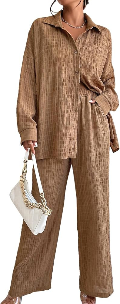ELGOGY Pants Sets Women 2 Piece Outfits Casual Long Sleeve Button Down Loungewear Pajama Sets | Amazon (US)