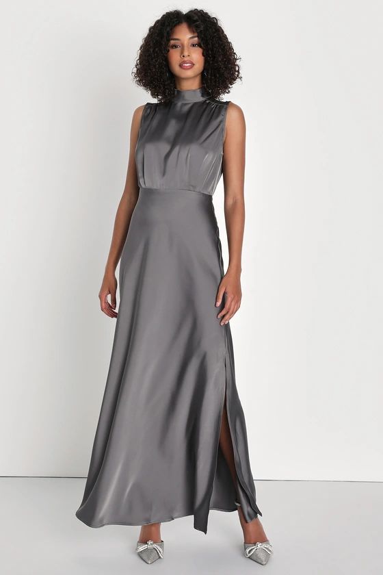 Classic Elegance Dark Grey Satin Sleeveless Mock Neck Maxi Dress | Lulus (US)
