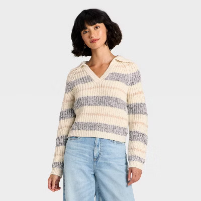 Women's Chunky Polo Collar Pullover Sweater - Universal Thread™ White/Navy Striped S | Target