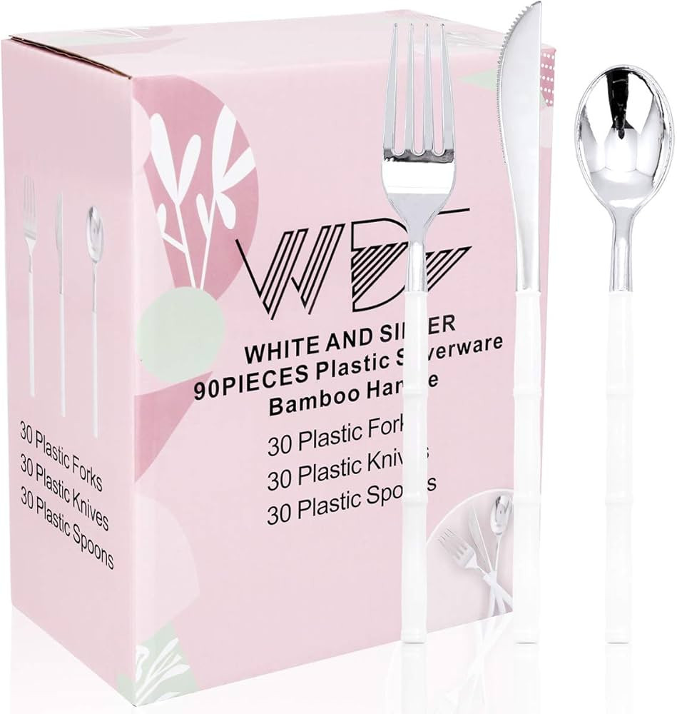 WDF 90Pieces Silver Plastic Silverware-Silver Plastic Cutlery with White Handle- Heavyweight Disp... | Amazon (US)