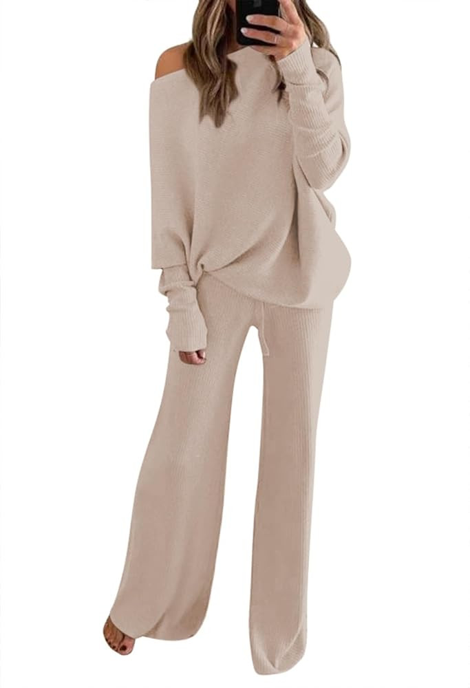 Fixmatti Womens Knitted Outfits 2 Pieces Sweatsuit Off the Shoulder Sweater Wide Leg Pant Set | Amazon (US)