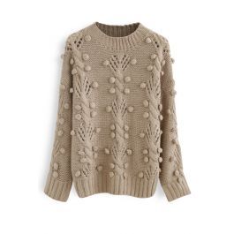 Cable Pom-Pom Eyelet Knit Sweater in Tan | Chicwish
