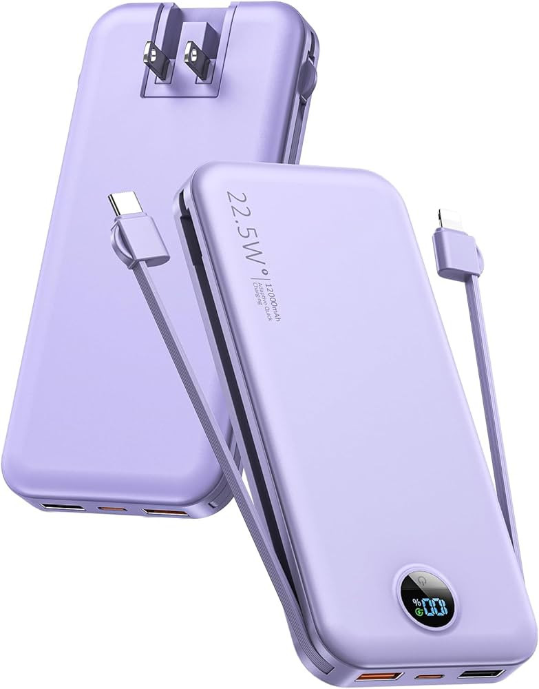 Portable Charger with Built-in Cables and AC Wall Plug, 12000mah Slim Fast Charging USB C Power B... | Amazon (US)