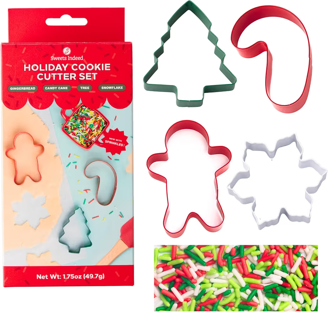 Sweets Indeed Christmas Cookie Cutters with Sprinkle Mix – 4-Pack Tree, Candy Cane, Snowflake &... | Amazon (US)
