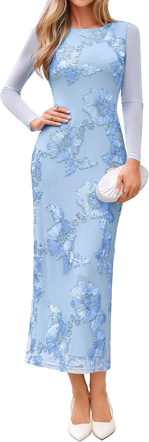 Simplee Womens Fall Wedding Guest Dresses Long Sleeve Bodycon Floral Dress | Amazon (US)