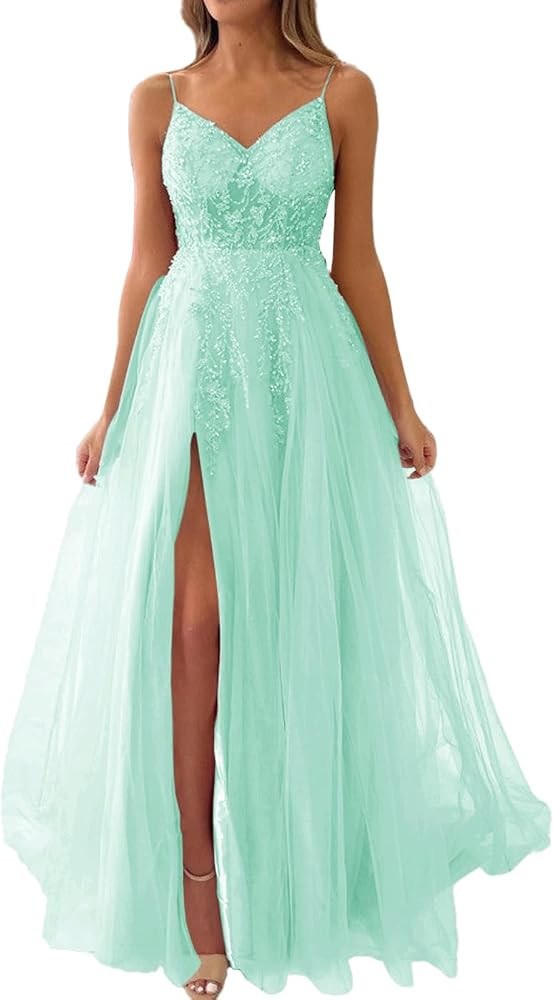 Long Spaghetti Straps V Neck Tulle Prom Dresses Empire Waist A Line Beads Formal Dress with Split SF094 | Amazon (US)