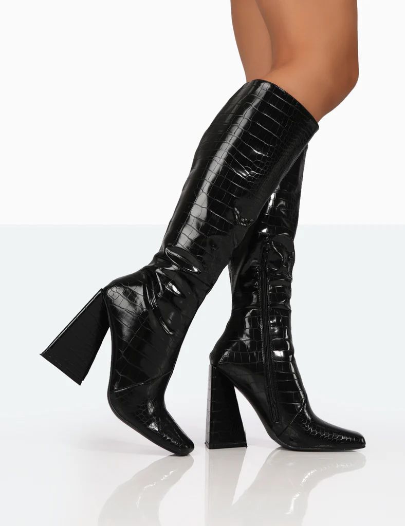 Senna Black Patent Croc Knee High Block Heel Boots | Public Desire
