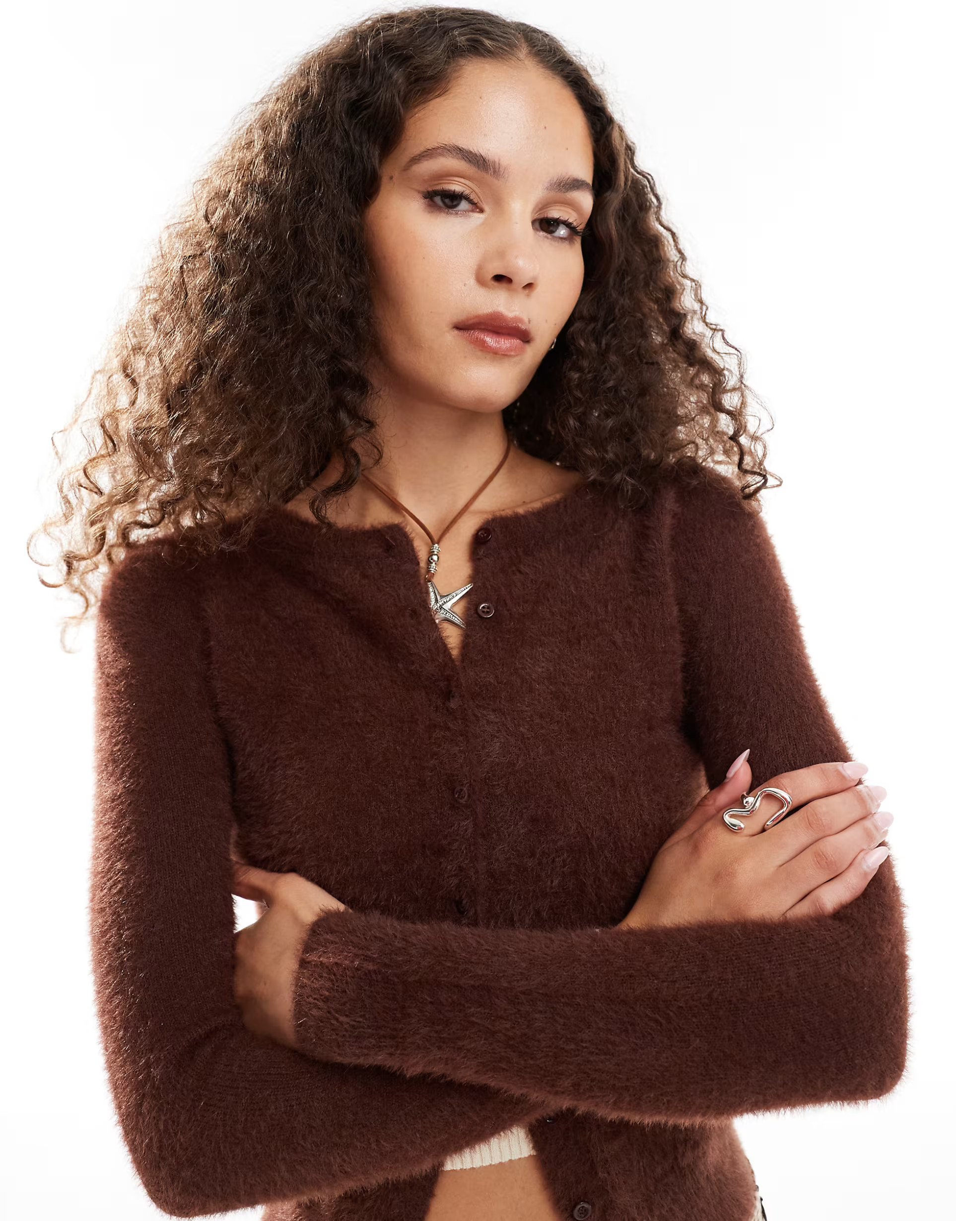 Daisy Street fluffy knit micro cardigan in chocolate | ASOS (Global)