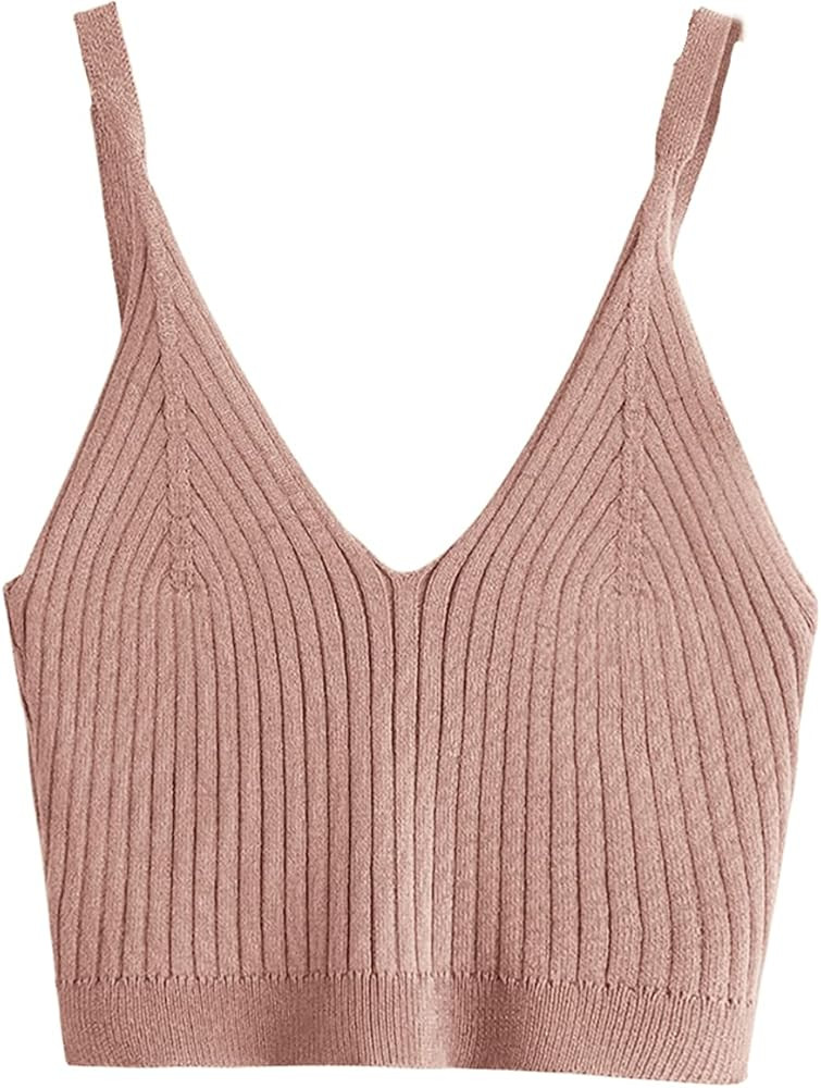 SweatyRocks Women's V Neck Crop Cami Top Ribbed Knit Spaghetti Strap Sleeveless Vest | Amazon (CA)