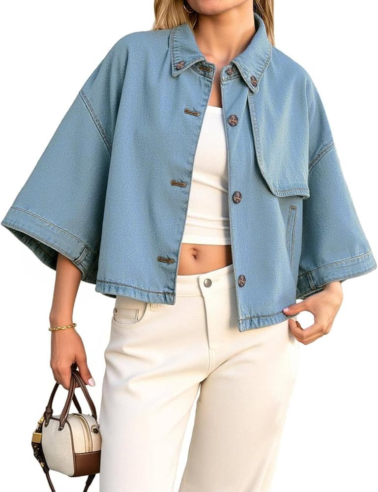 Tankaneo Womens Cropped Denim Jackets Casual Button Down Jean Shirt Shacket Loose 3/4 Sleeve Coat... | Amazon (US)