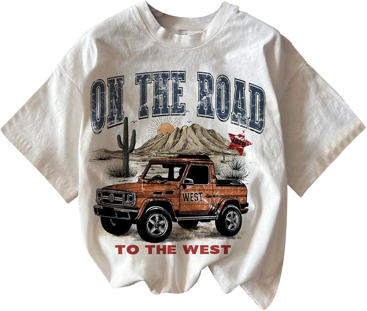 Women's Graphic Letter Tee Crew Neck Drop Shoulder Trendy Summer T Shirt Short Sleeve Vintage Car... | Amazon (US)