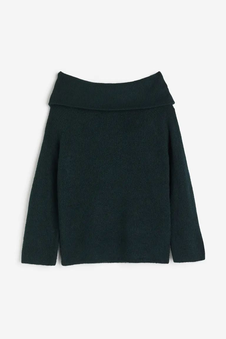 Rib-knit Off-the-shoulder Sweater - Dark green - Ladies | H&M US | H&M (US)