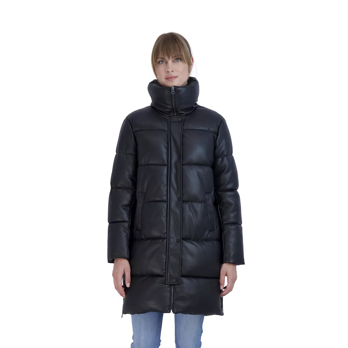 Women's Sebby Collection Faux-Leather 3/4 Puffer Coat | Kohl's