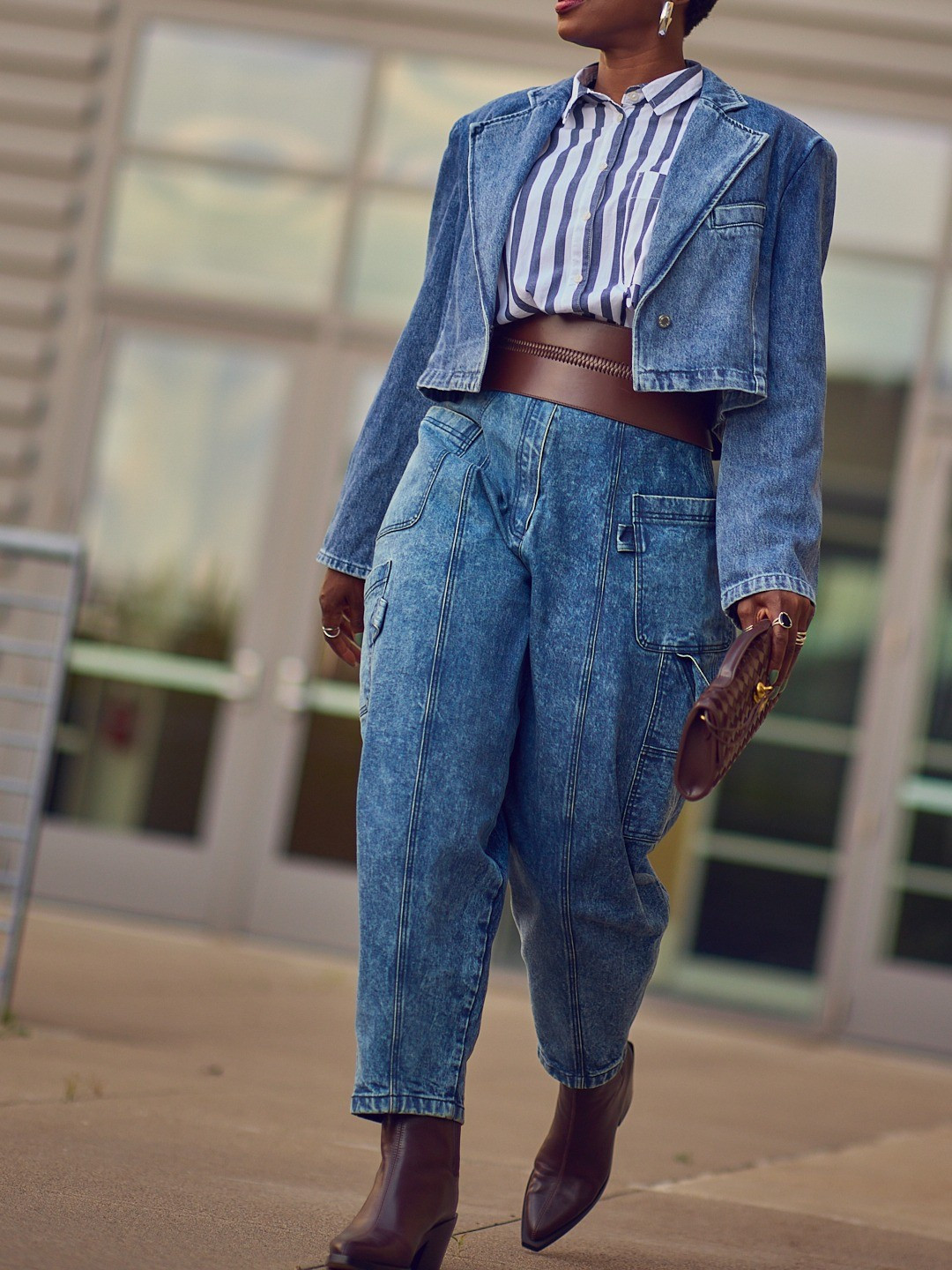 Denim on denim Fall outfit, striped shirt, western boots, cropped denim jacket, balloon jeans, Coach purse, transitional Fall outfit, Fall 2025

#LTKOver40 #LTKStyleTip #LTKShoeCrush