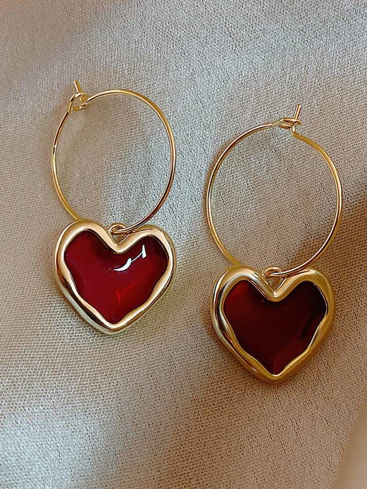 1pair Vintage Elegant Alloy Wine Red Heart Shaped Earrings For Women, New Year'S Day And Valentin... | SHEIN