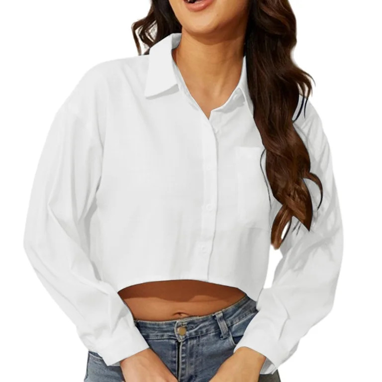 ZIZOCWA Solid Color Cropped Shirts for Women Casual Long Sleeve Button Down Short Shirt Blouses w... | Walmart (US)