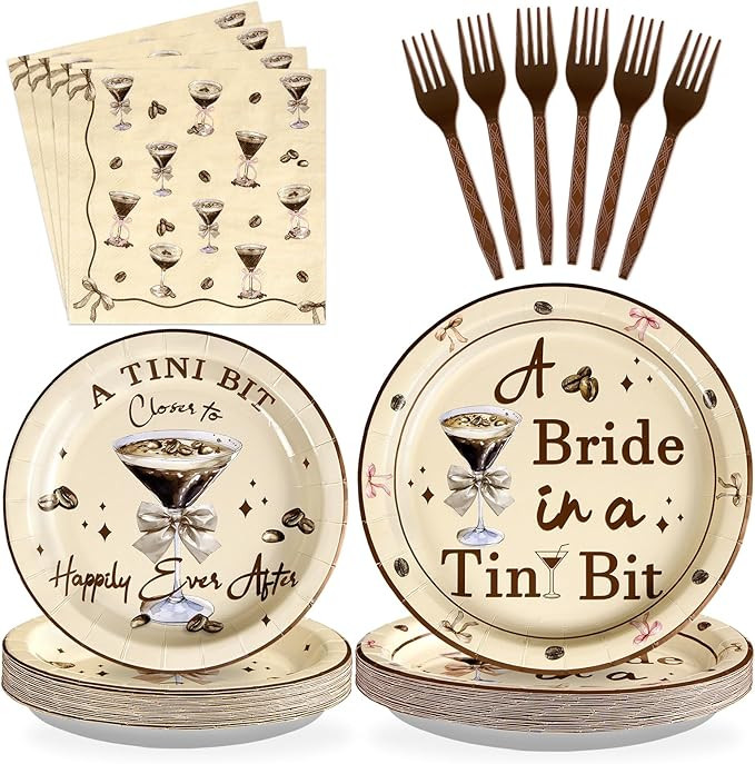96Pcs Tini Bit Bridal Shower Party Supplies A Bride In A Tini Bit Paper Plates and Napkins Espres... | Amazon (US)