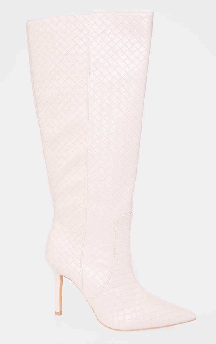 Oatmeal PU Point Toe Basket Weave Knee High Boots | PrettyLittleThing UK