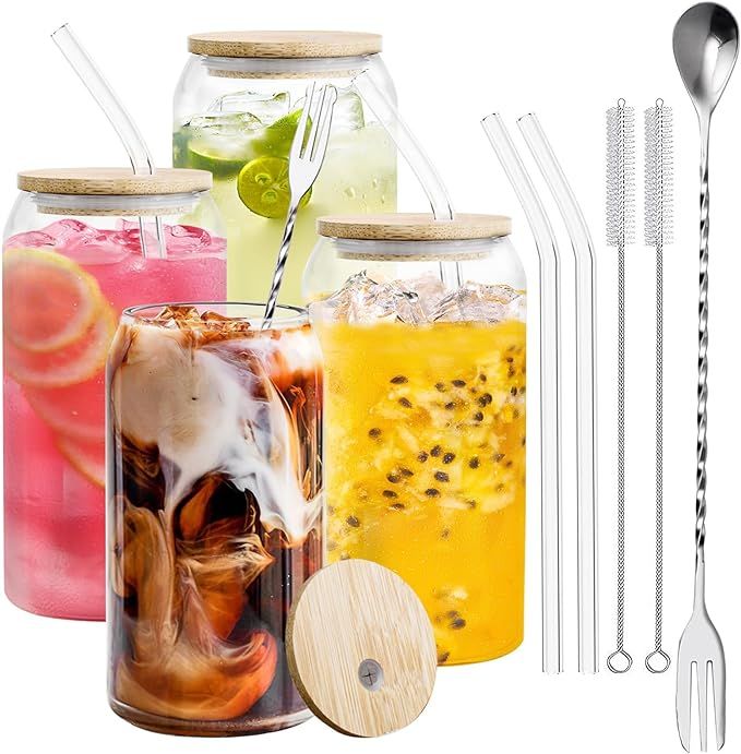 Freshmage 4 PCS Glass Cups with Bamboo Lids and Straws and Stirring Spoon. 16 Oz Ice Glass Coffee... | Amazon (US)