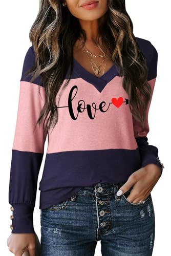 Dokotoo Womens Long Sleeve Tops Fashion Valentines Shirts for Women 2025 V Neck Color Block Tops Womens Color Block Sweaters Valentines Day Top Winter Clothes Outfits Pink Purple M | Amazon (US)
