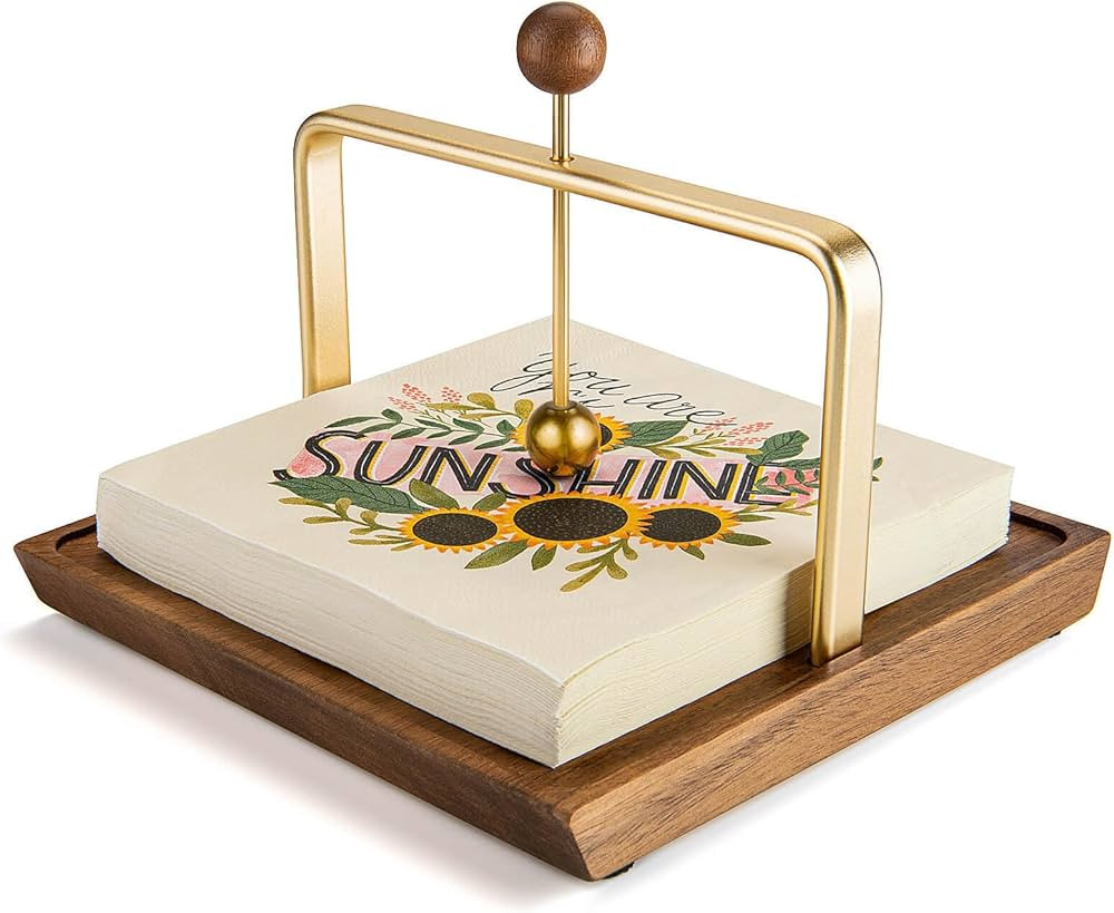 Wood Napkin Holder for Table, Square Tabletop Napkin Dispenser with Sophisticatedly Metal Center ... | Amazon (US)