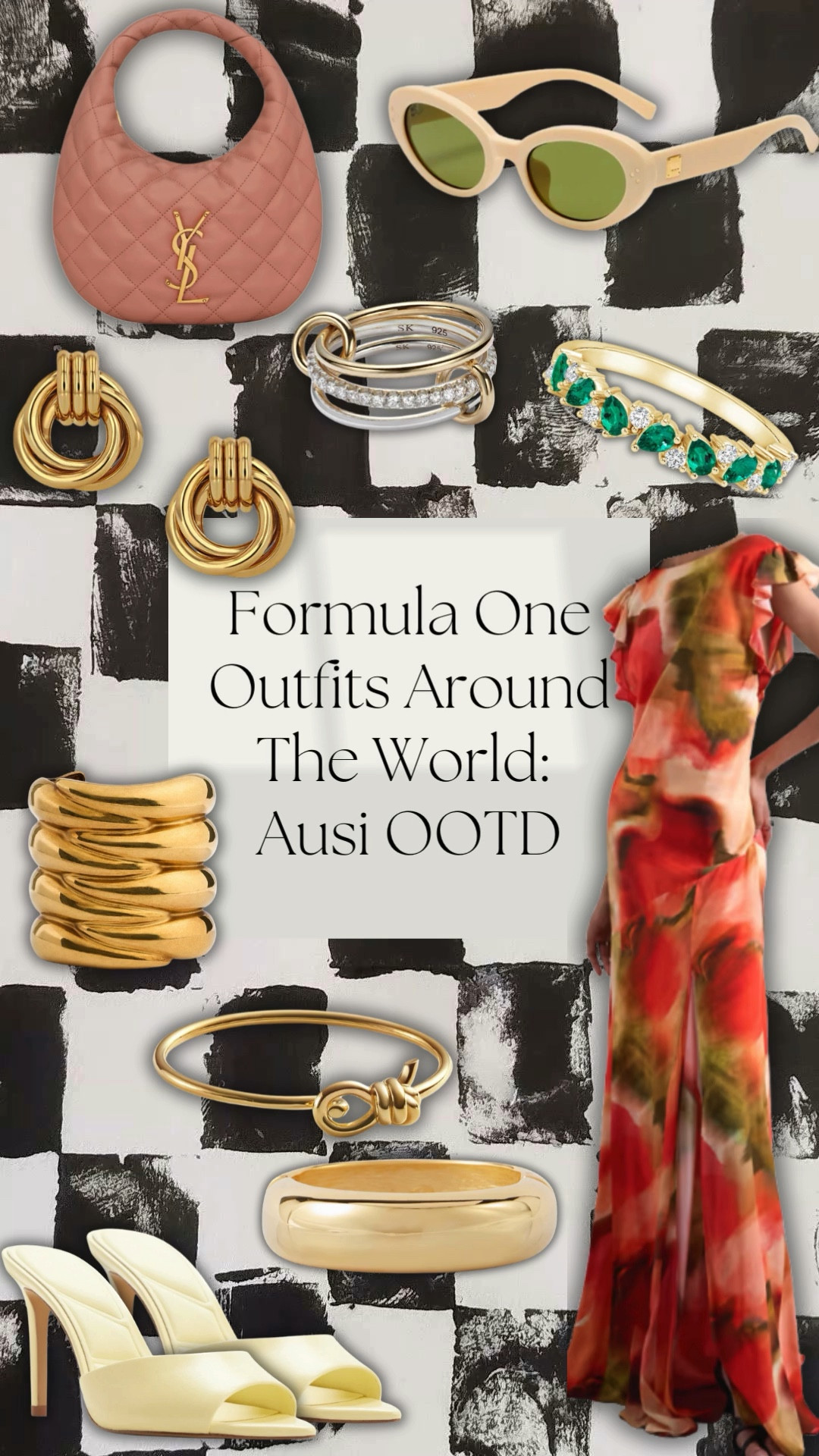 
Welcome back to Formula One Outfits Around The World, where I curate a look for race Sunday 
Inspired by each Grand Prix Location. 
.
This weeks location is round one: The Australia Grand Prix OOTD 🇦🇺🏎️🏁
. 
I was really inspired by the golden coast, fun summer colors and beach sunsets for this outfit. I wanted to go for a more maximalist look, with the multicolored chiffon dress. The sandal heels being in a yellow color to slyly match the dress, and the YSL purse that has been on my wishlist for months, being in the same subtle color as the blush on the dress. The gold jewelry pulls from the gold tones in the purse and yellow heels. I also chose no necklace because the dress a high neckline. Lastly of course we need sunglasses in sunny Australia so a pale pink to match the dress and purse. 
.
.

#LTKgrwm #LTKootd #LTKSpringSale