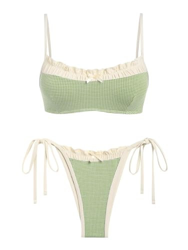 seamoly Green Gingham Spliced Ruched Ruffles Trim Bowknot Decor Tie Side Bikini Set,Green,XS | Amazon (US)