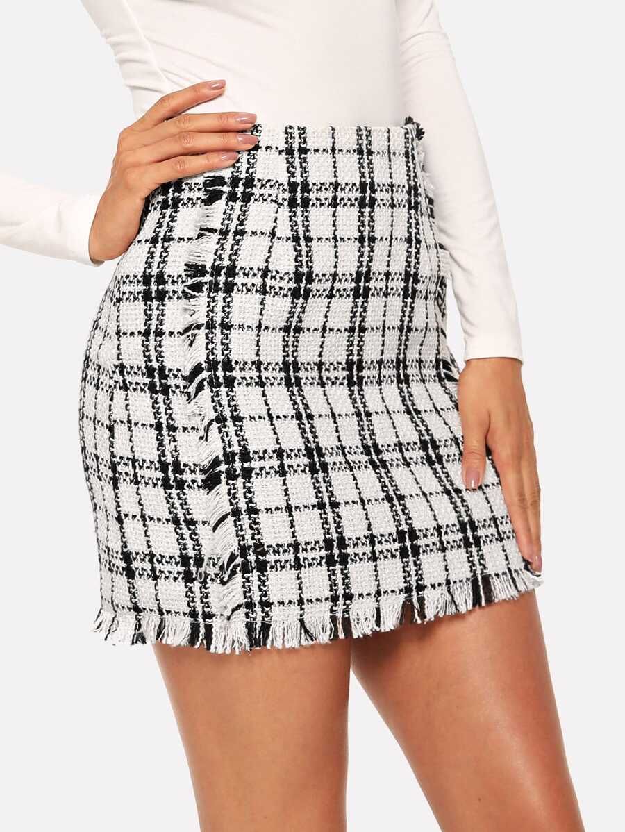 Frayed Trim Plaid Tweed Skirt | SHEIN