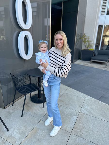 Blue white sweatshirt sweatpants baby girl / best mom jeans size 23 run TTS / striped free people cropped sweater size xs / white sneakers I sized down to the 7 from my normal 8size / my daughter is 14m in the 2T pants and 3T sweatshirt they run small!