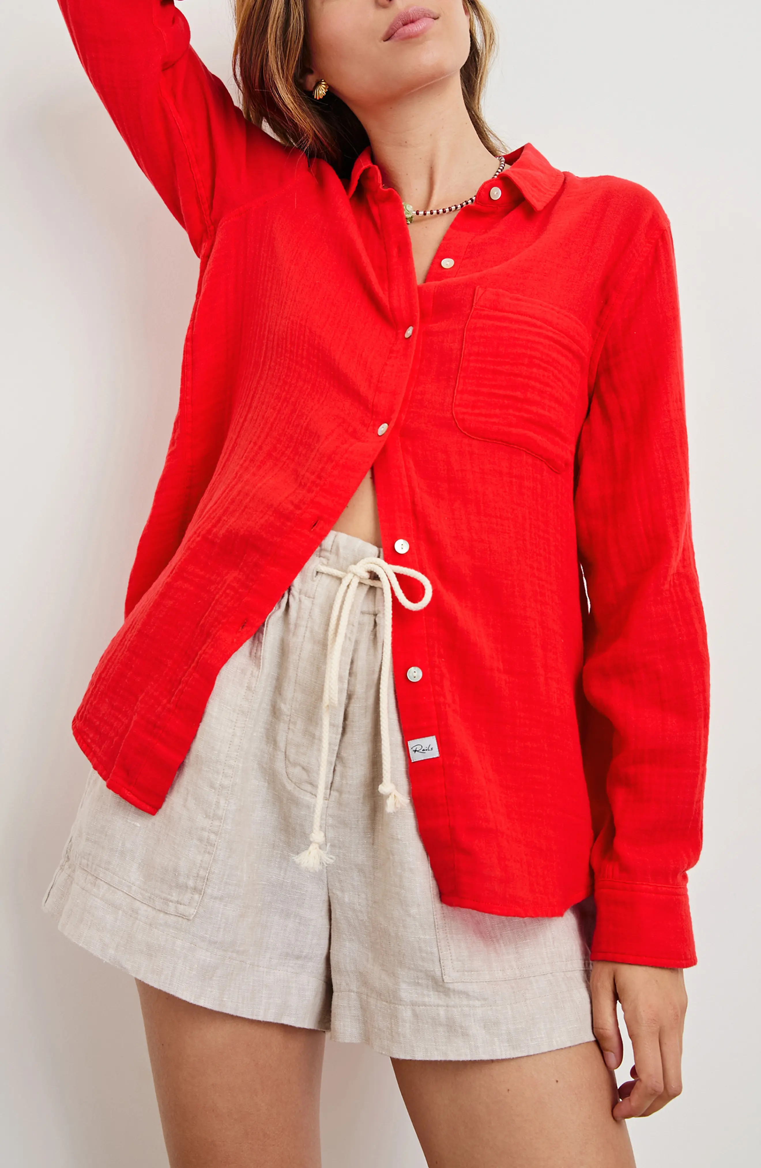 Rails Ellis Organic Cotton Gauze Button-Up Shirt in Cherry at Nordstrom, Size X-Small | Nordstrom
