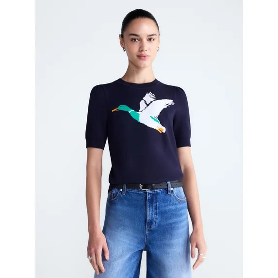 Free Assembly Women's and Women's Plus Crewneck Sweater with Short Puff Sleeves, Sizes XS-4X | Walmart (US)