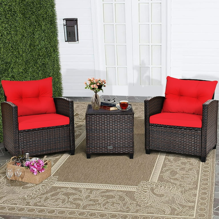 Costway 3PCS Patio Rattan Furniture Set Cushioned Conversation Set Sofa Coffee Table Red | Walmart (US)