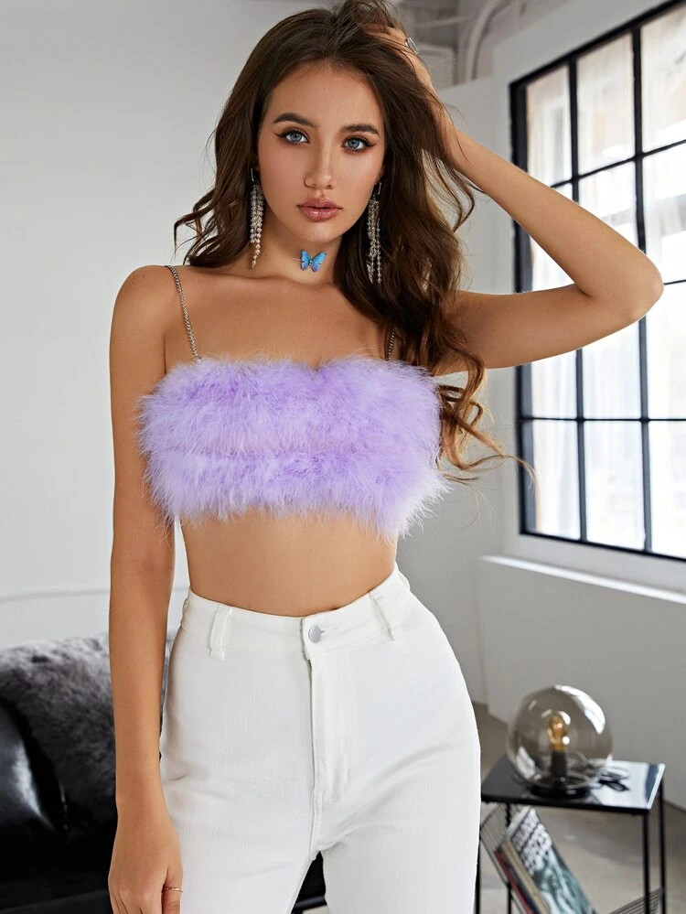 O-ring Zip Back Fuzzy Chain Cami Crop Top | SHEIN