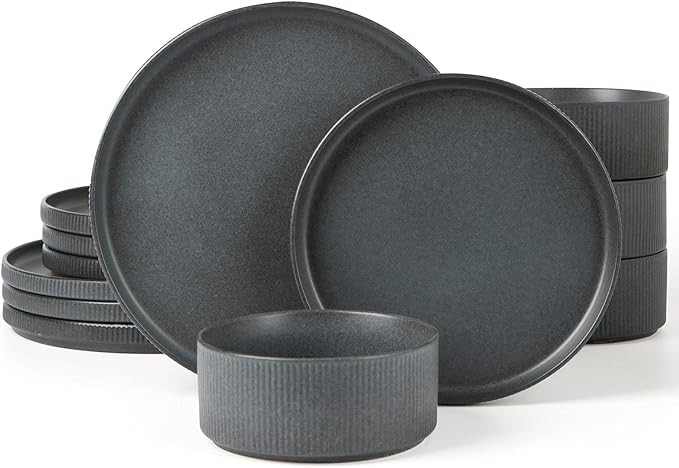 Famiware Star Dinnerware Sets, Plates and Bowls Set for 4, 12 Piece Dish Set, Full Glaze Matte Da... | Amazon (US)