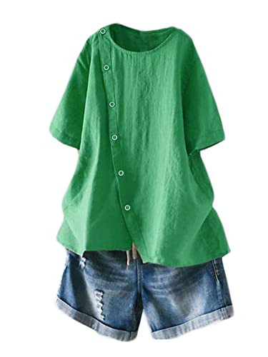 Minibee Women's Linen Blouse Tunic Short Sleeve Shirt Tops With Buttons Decoration Green 2XL | Amazon (US)