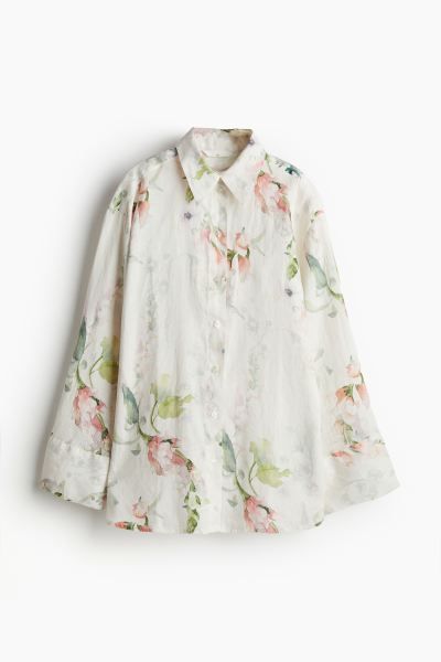 Linen shirt - White/Floral - Ladies | H&M GB | H&M (UK, MY, IN, SG, PH, TW, HK)