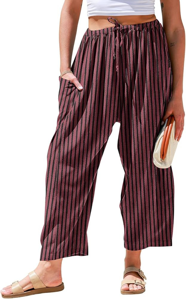 TARSE Womens Linen Wide Leg Pants Casual Loose Drawstring Summer 2025 Beach Travel Vacation Palaz... | Amazon (US)