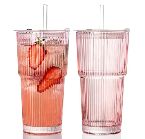 SIPBYSOP 2PCS Ribbed Glass Cups with Lids and Straws, 20oz Vintage Drinking Glasses, Aesthetic Iced Coffee Cups, Glass Tumbler for Boba, Beer, Tea, Cocktails, Ribbed Glassware Set,Pink | Amazon (US)