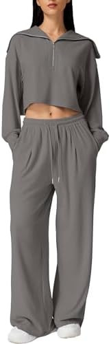 QINSEN Women Cozy 2 Piece Lounge Matching Set Wide Leg Sweatpants Half Zip Crop Sweatshirt Outfit... | Amazon (US)