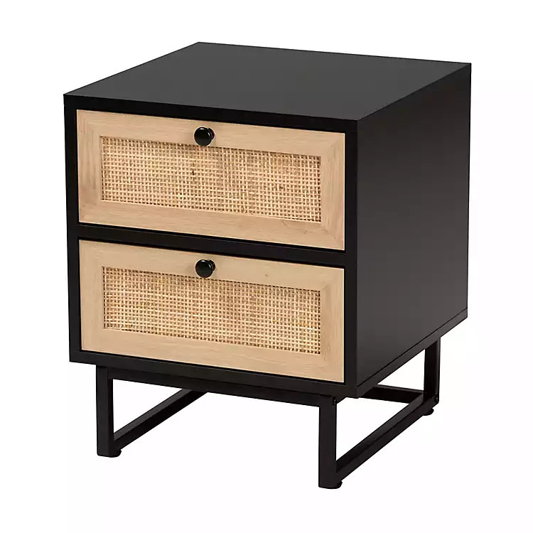 Black Wood and Rattan 2-Drawer Nightstand | Kirkland's Home