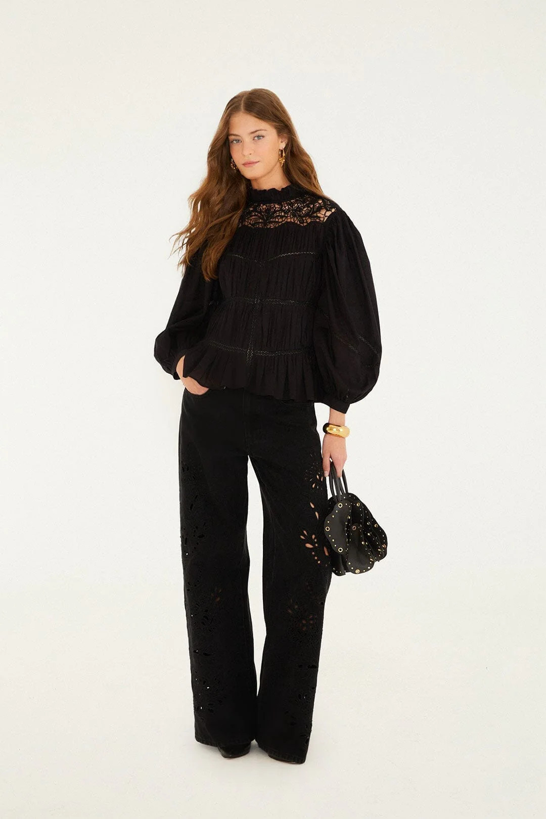 Black Cut-Out Richelieu Denim Pants | FARM Rio | FarmRio (US)