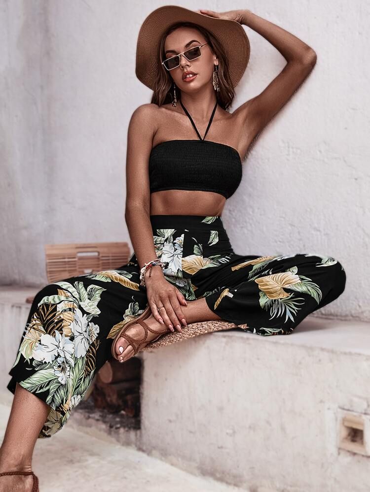 Tie Backless Halter Top & Tropical Print Pants | SHEIN