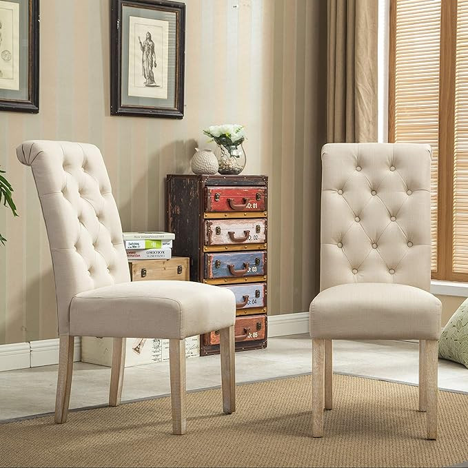 Roundhill Furniture Habit Solid Wood Tufted Parsons Dining Chair (Set of 2), Tan | Amazon (US)