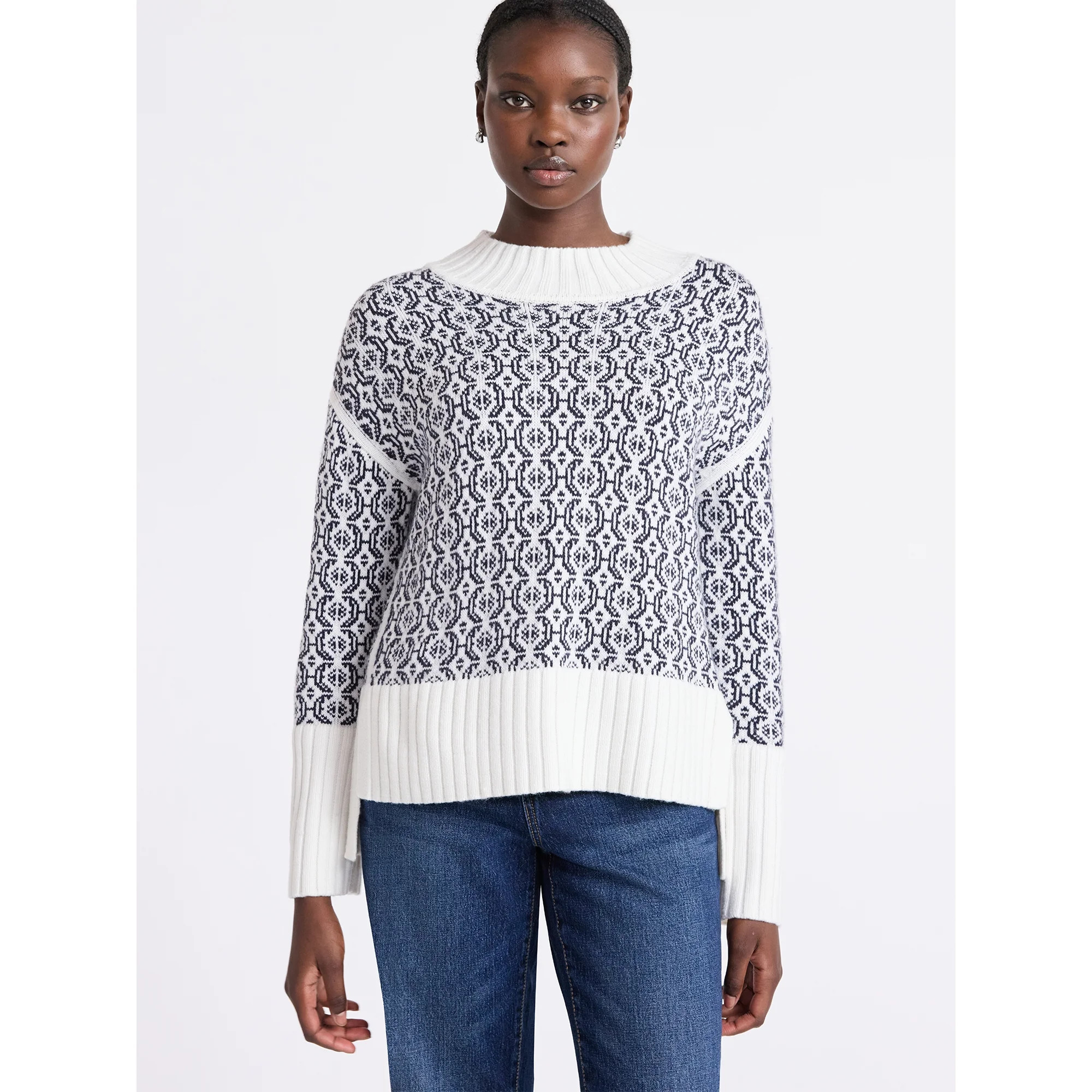 Free Assembly Women's Patterned Mock Neck Sweater with Tall Cuffs, Midweight, Sizes XS-XXL | Walmart (US)