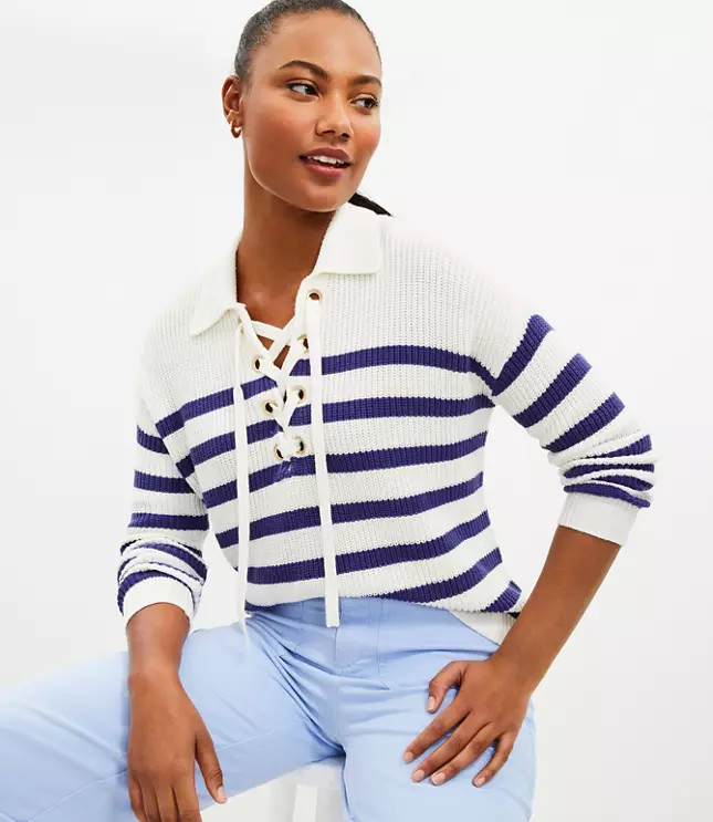 Striped Lace Up Polo Sweater | LOFT