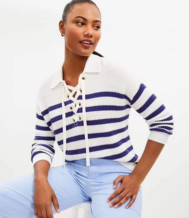 Striped Lace Up Polo Sweater | LOFT