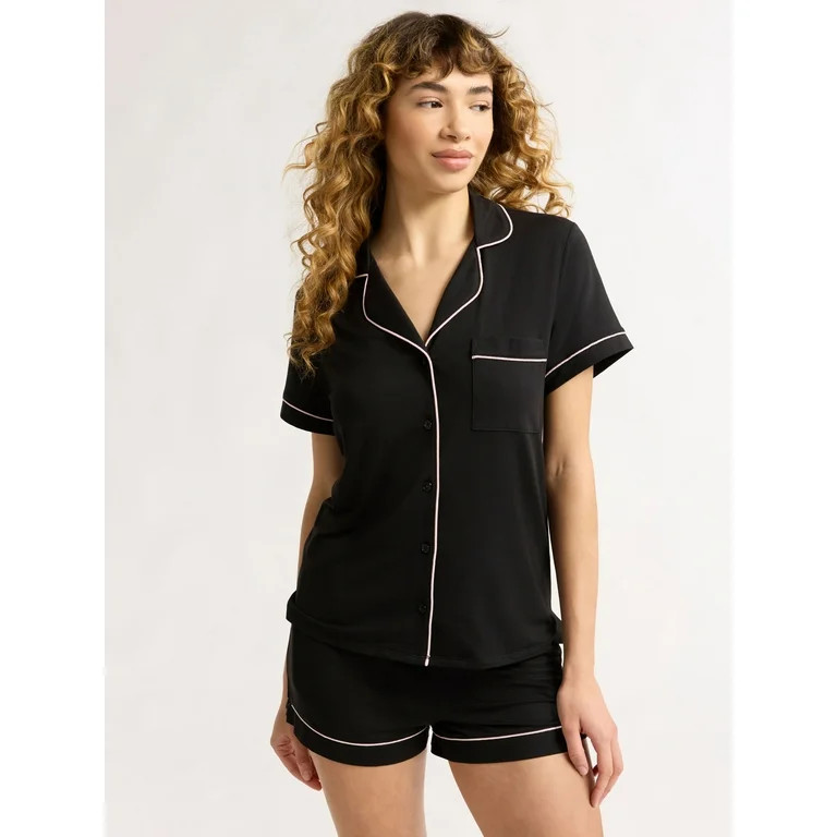 Joyspun Women’s Short Sleeve Knit Notch Collar Top and Shorts Pajama Set, 2-Piece, Sizes XS to ... | Walmart (US)